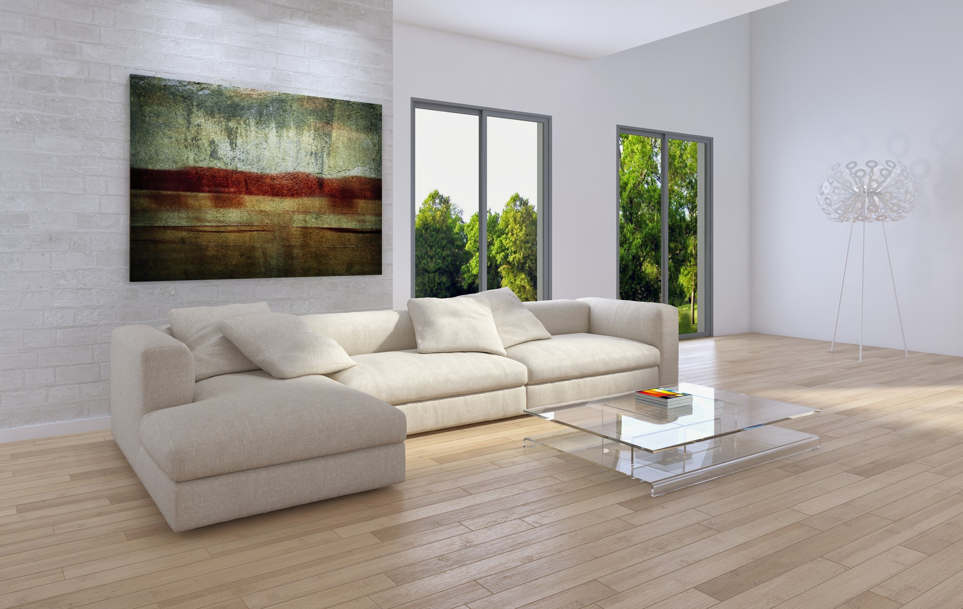 Large luxury modern bright interiors Living room mockup illustration 3D rendering image